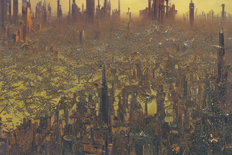 Prompt: oil painting, super - detailed scene of a swarm of insects overtaking a futuristic city, entomology, japanese sci - fi books art, artwork by jean giraud and zdzislaw beksinski and alphonse mucha and hr giger, hd, 4 k, high quality