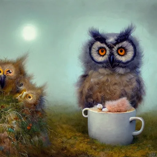 Image similar to long shot of a very fluffy cute owl chick nesting in a cup, esao andrews, by m. w. kaluta, humorous illustration, hyperrealistic, tilt shift, warm colors, night scenery, low light, 3 d octane render, 4 k, volumetric lights, smooth, cosy atmosphere, conceptart, hyperdetailed, trending on deviantart