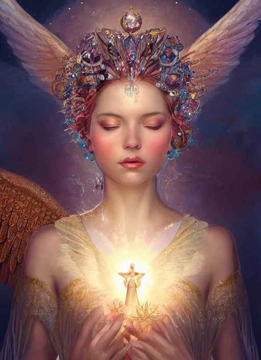 Image similar to A beautiful digital painting of a female angel full of jewels, princess, the sun behind her, intricate, cinematic lighting, highly detailed, digital painting, Artstation, concept art, smooth, sharp focus, illustration, art by Tom Bagshaw, Artgerm and Greg Rutkowski