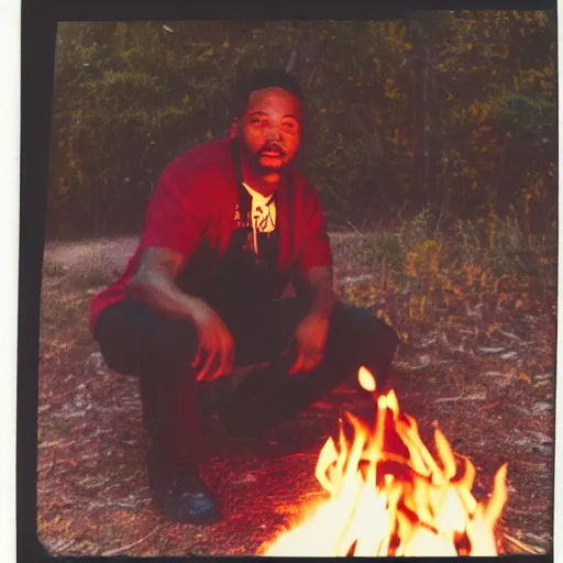 Prompt: retro 90s granular polaroid outdoors photo of an African American rapper near a campfire, flash photography, image artifacts