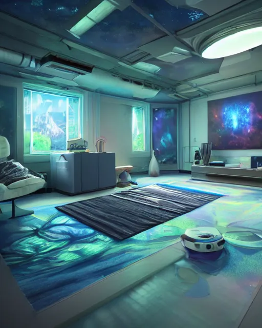 Image similar to artstation scifi scene of a safe room as ikea ad, lounge furniture, carpeted floor, sky mural on the room ceiling, holographic nature art walls, large terrarium, paneled walls, unreal engine 5, hyper realism, realistic shading, cinematic composition, blender render, octane render, hdr, detailed textures, photorealistic, wide shot