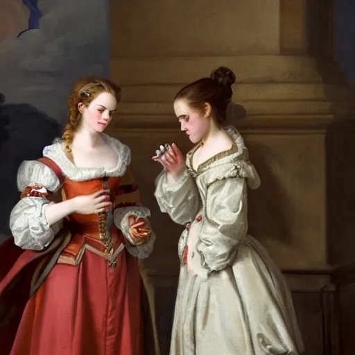 Image similar to Barock painting of Emma Watson having a conversation with Hermione Granger