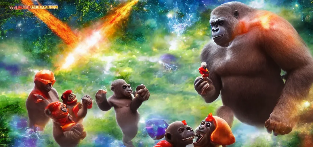 Image similar to intergalactic hotdog battlecruisers are attacking peaceful gorilla families in the city park, daytime, beautiful, families running in fear for their lives, hyper realistic, high definition, highly detailed