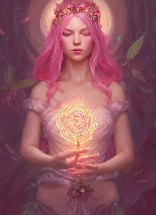 Prompt: pink hair goddess, fantasy, glowing lights!! intricate, soft rose and dried petals, d & d, fantasy, intricate, elegant, highly detailed, digital painting, artstation, concept art, matte, sharp focus, illustration, hearthstone, art by artgerm and greg rutkowski and alphonse mucha