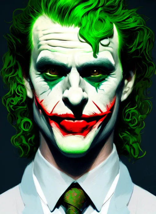 Image similar to portrait of jon as the joker, green hair, intricate, elegant, glowing lights, highly detailed, digital painting, artstation, concept art, sharp focus, illustration, art by wlop, mars ravelo and greg rutkowski