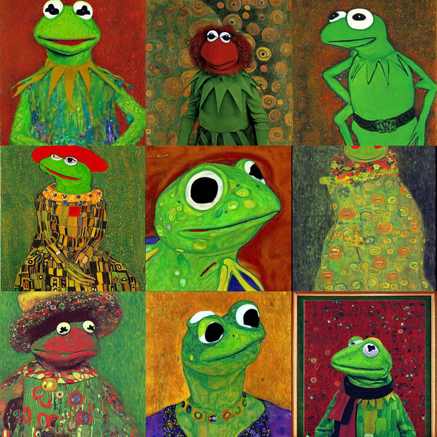 Prompt: a portrait of kermit the frog painted by gustav klimt