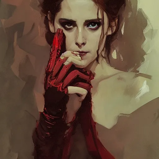 Image similar to alison brie as kristen stewart as iron scarlet witch, intricate, elegant, highly detailed, greg manchess, mucha, liepke, ruan jia, jeffrey catherine jones, ridley scott