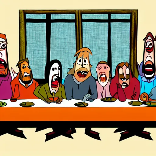 Prompt: the last supper in the style of courage the cowardly dog, detailed, hd, cartoon art,