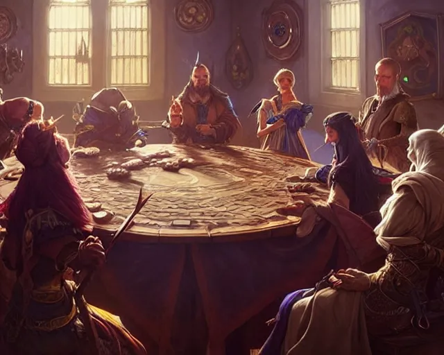 Image similar to a group of wizards gathered around a round table discussing political matters, d & d, fantasy, intricate, elegant, highly detailed, digital painting, artstation, concept art, matte, sharp, illustration, hearthstone, art by artgerm and greg rutkowski and alphonse mucha