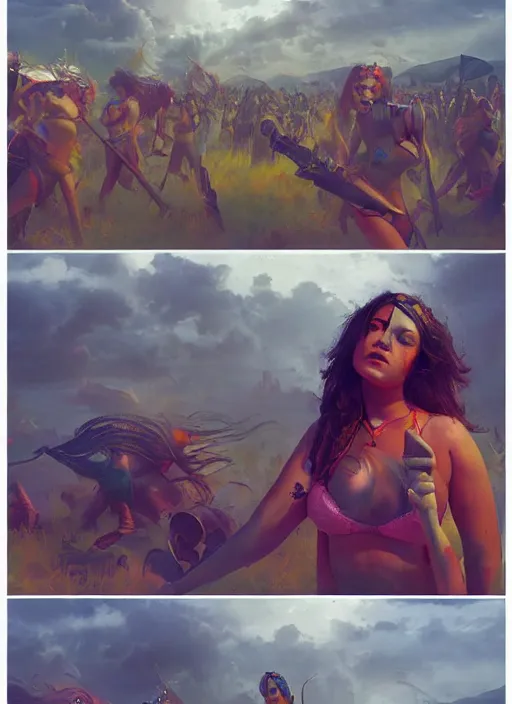 Prompt: hyper realistic photography of festival warrior curvy girl saturated colors, cinematic, greg rutkowski, rowena morrill, juan gimenez