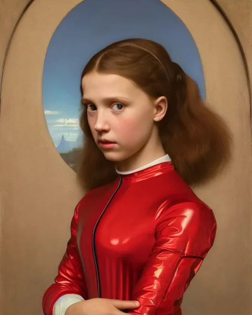 Prompt: a window - lit realistic portrait painting of a thoughtful girl resembling a young, shy, redheaded alicia vikander or millie bobby brown wearing a futuristic red plastic spacesuit, lit by an oval window at the side, highly detailed, intricate, by vermeer, william bouguereau, and donato giancola, and vermeer