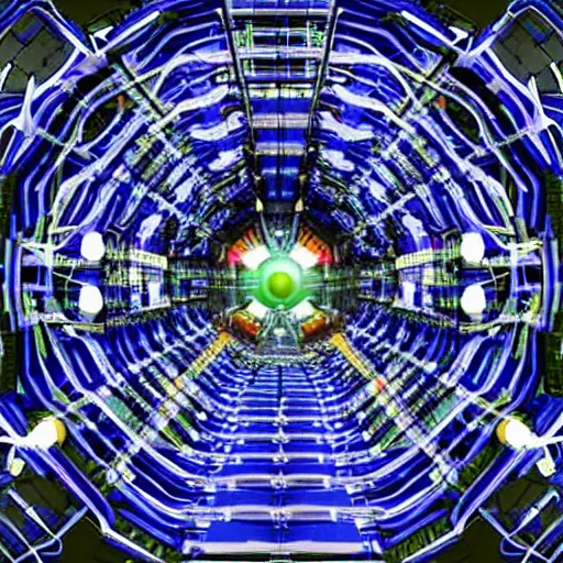 Prompt: Large Hadron Collider creatig singularity, realistic, high detail
