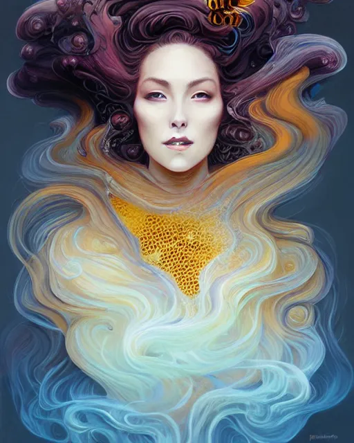 Image similar to portrait of a Beekeeper priestess with a honeycomb blouse and flowing liquid smoke hair, swirling petal storm, radiant light, peter mohrbacher, artgerm