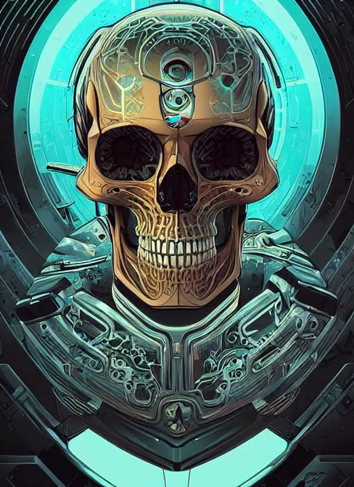 Prompt: a stylish cyborg skull from the future, digital art by Dan Mumford and Peter Mohrbacher, highly detailed, in the style of art deco