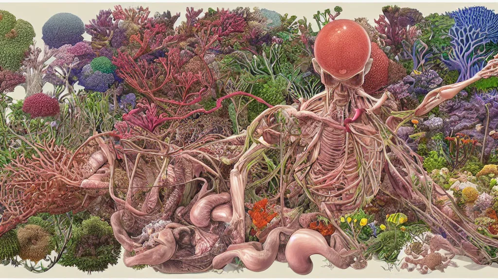 Prompt: highly detailed illustration of a human anatomy body exploded by all the known species of plants, flowers, corals and mushrooms by juan gatti, by makoto shinkai, by moebius!, by oliver vernon