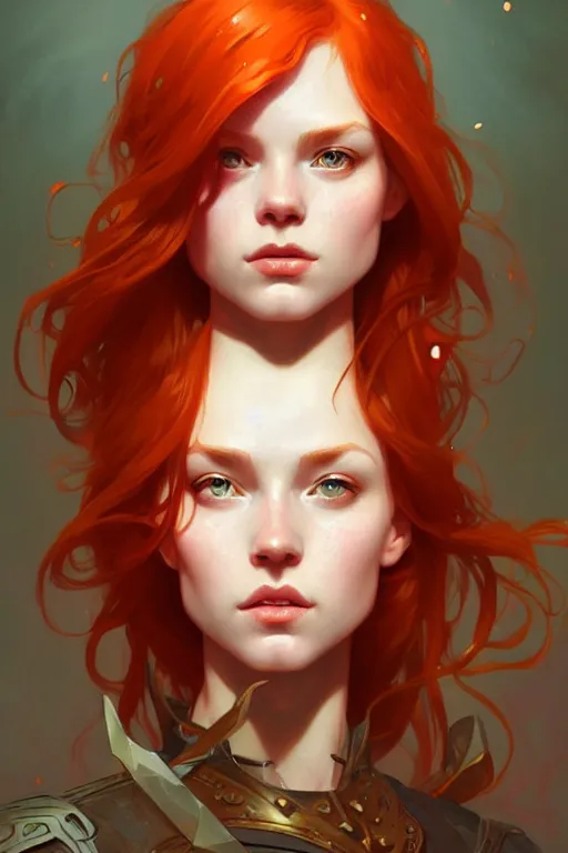 Image similar to a beautiful redhead warrior girl, fantasy, portrait, sharp focus, intricate, elegant, digital painting, artstation, matte, highly detailed, concept art, illustration, ambient lighting, art by ilya kuvshinov, artgerm, alphonse mucha, and greg rutkowski