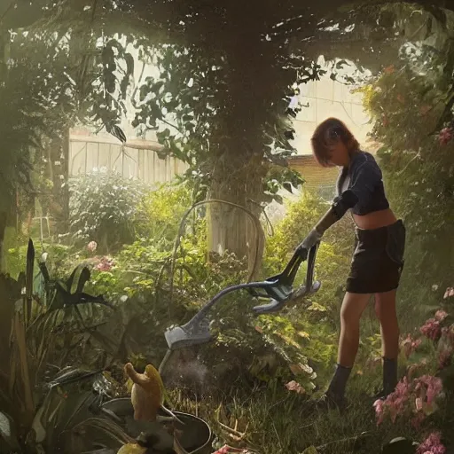 Image similar to girl is working in garden with pruning shears, artstation greg rutkowski, cinematic