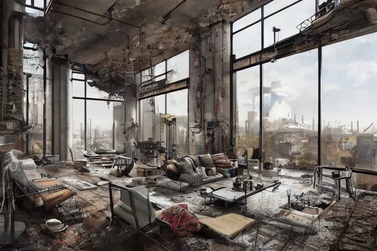 Image similar to an open - plan loft apartment with a panoramic view of a grim industrial landscape of cooling towers and rusted silos. inside, the apartment is fancy but filled with mess. extreme detail, artstation trending, artgerm, deviant art, octane, substance, art history 8 k