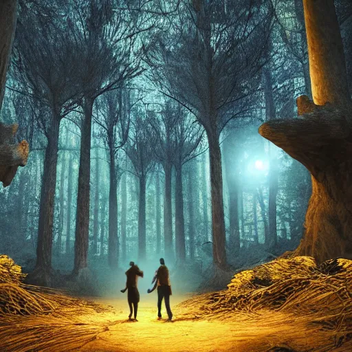 Prompt: scary forest with two people with there backs facing the camera in it at night with a blue moon, surreal, sharp focus, digital art, epic composition, concept art, dynamic lighting, intricate, highly detailed, 8 k, unreal engine, blender render