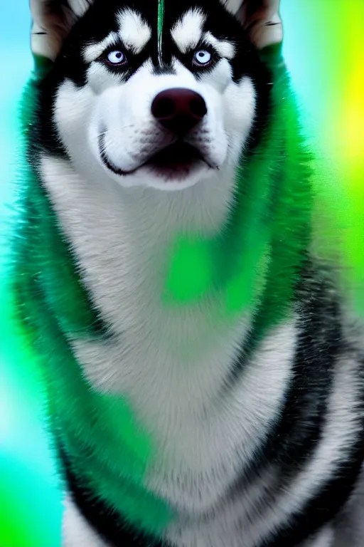 Image similar to proud husky with green flowing hair and heterochromia, studio lighting, realistic, beautiful, chromatic aberration, 4 k, in focus, very detailed, global illumination