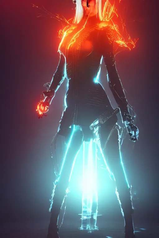 Image similar to Cyberpunk Flame Suit, beautiful woman, fantasy, photorealistic, glowing eyes, 4k, cinematic lighting, explosive