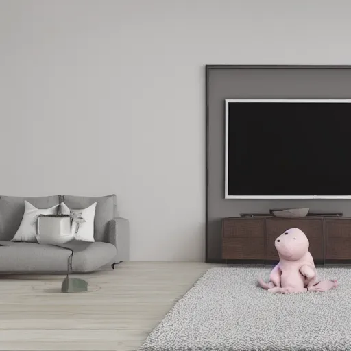 Image similar to a baby hippo lives in a cozy house. it likes to watch tv in the family room. digital art. 3 d render, photorealistic, hyper realistic, ue 5, octane.