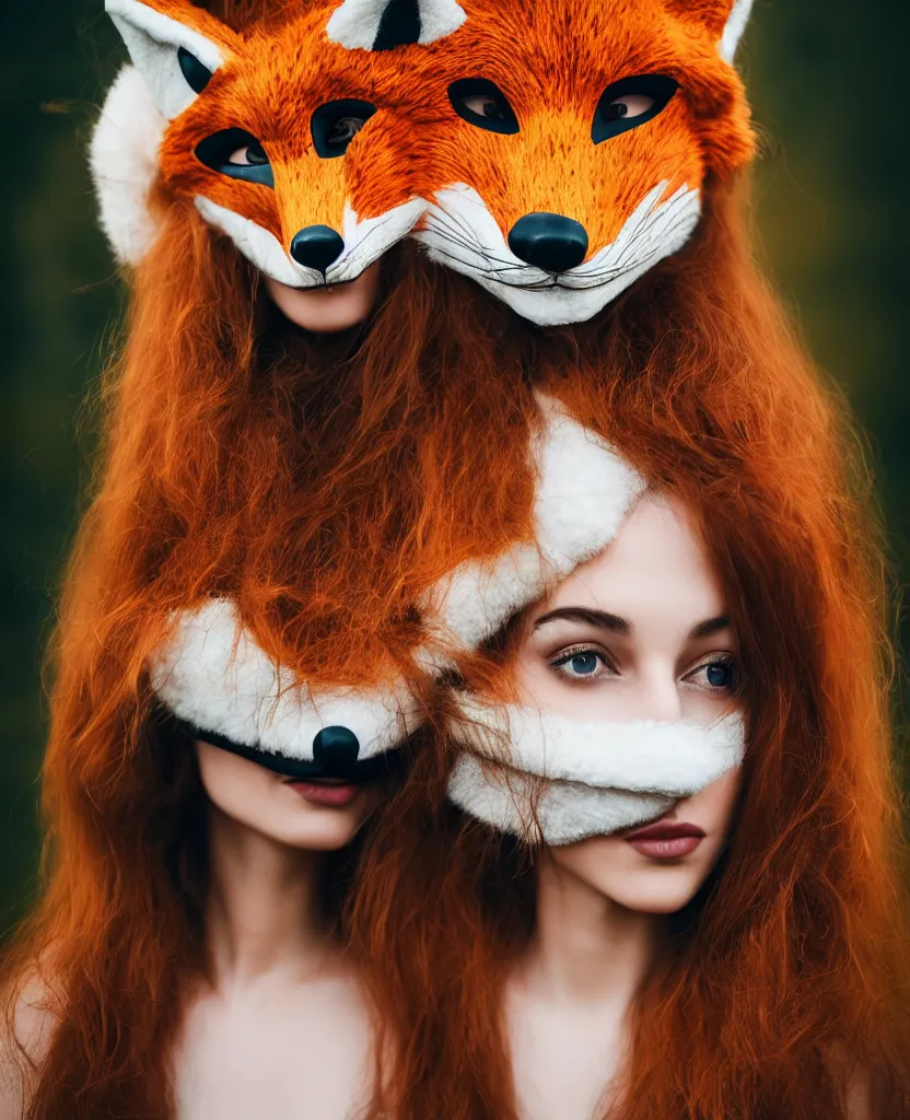 Prompt: a head and shoulders portrait of a beautiful woman wearing a fox mask, long flowing hair, by Nina Masic, by Flora Borsi, by Ilya Kuvshinov, 50mm f/1.4, bokeh, kodak ektar