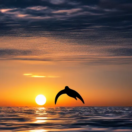 Image similar to big penguin in the middle of the sea, sunset, 4k, sharp, detailed