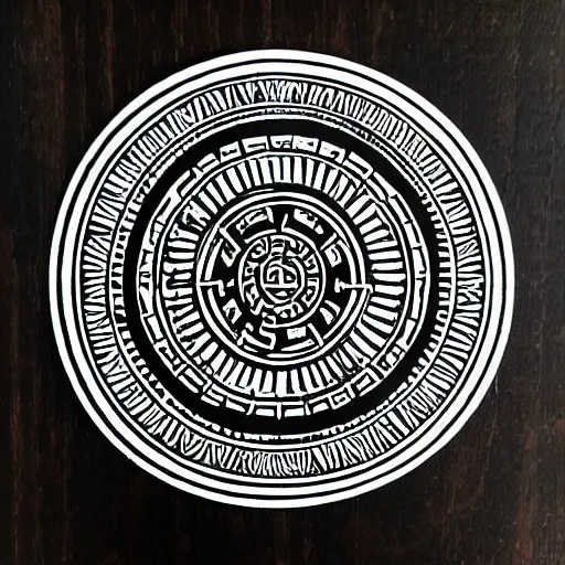 Prompt: aztec mandala, woodcut