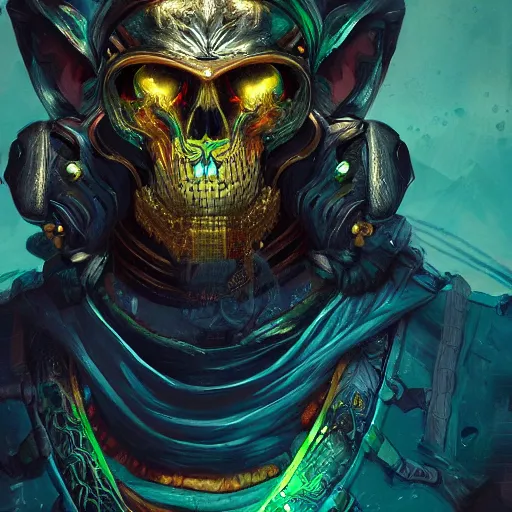 Image similar to a golden wolf skull face warrior with emeralds in his forehead, Apex Legends character digital illustration portrait design, by android jones, detailed, cinematic lighting, wide angle action dynamic portrait