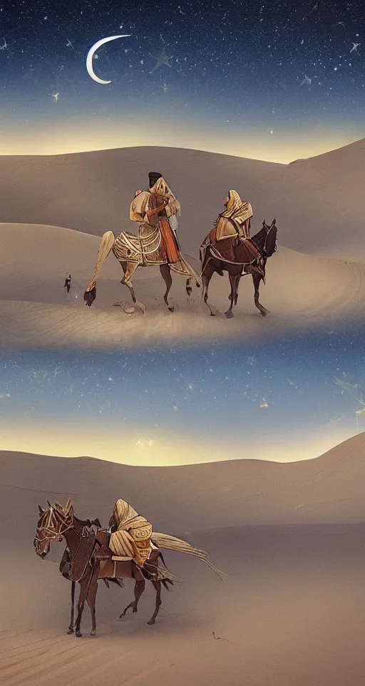 Prompt: an arabian merchant drives his caravan through the desert at night, moon and stars in night sky, stunning, detailed art