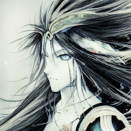 Image similar to Yoshitaka Amano realistic illustration of an anime girl with black eyes, wavy white hair fluttering in the wind and cracks on her face wearing Elden ring armour with engraving, abstract black and white patterns on the background, noisy film grain effect, highly detailed, Renaissance oil painting, weird portrait angle, blurred lost edges, three quarter view