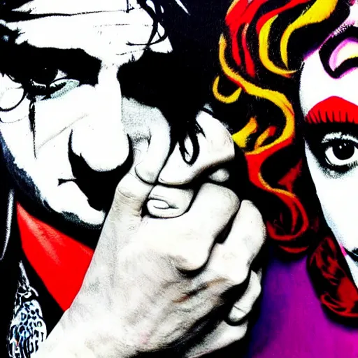 Image similar to mimmo rottela and banksy as joaquin phoenix skinny joker holding hand lady gaga harley queen, ultra photorealistic, intricate details, pop art style, concept art, 3 colors, 4 d, smooth, sharp focus