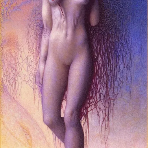 Image similar to cute young vampire tomboy girl with short short short dark hairs on lovecraftian planet by jean delville by luis royo and wayne barlowe, beksinski