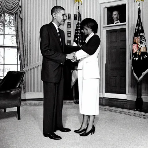 Prompt: photograph of 9 1 - year old former president, john f. kennedy meeting president obama