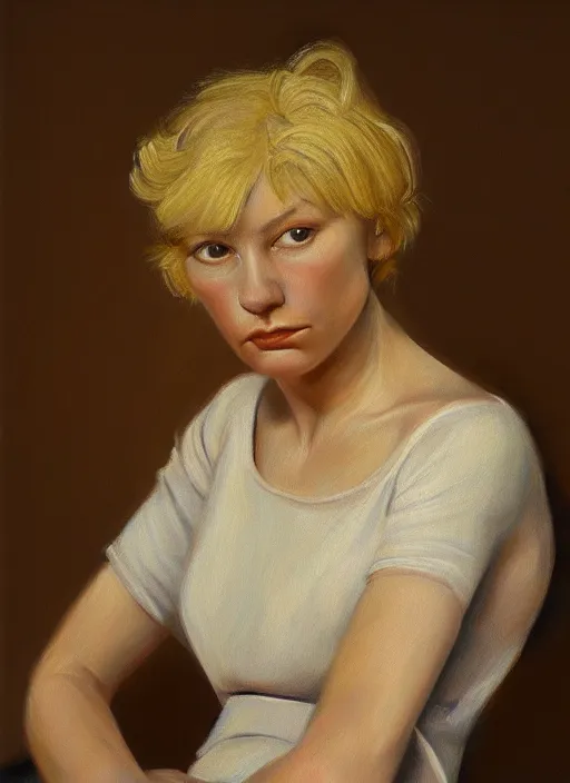 Prompt: detailed portrait of a woman with blond hair, painting by ansell, mary jane, still life, photorealism