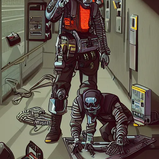 Prompt: an army cyberpunk skeleton maintenance workers fixing a modem, sharp lines, digital, artstation, colored in