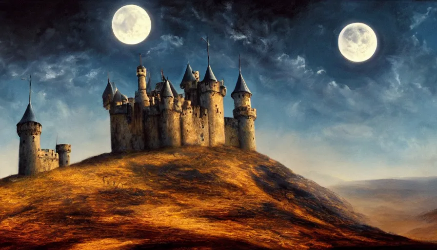 Image similar to Desolate landscape with menacing castle atop dark hill, cosmic beast flies overhead, oil painting, hyperrealistic, moonlit cinematic lighting