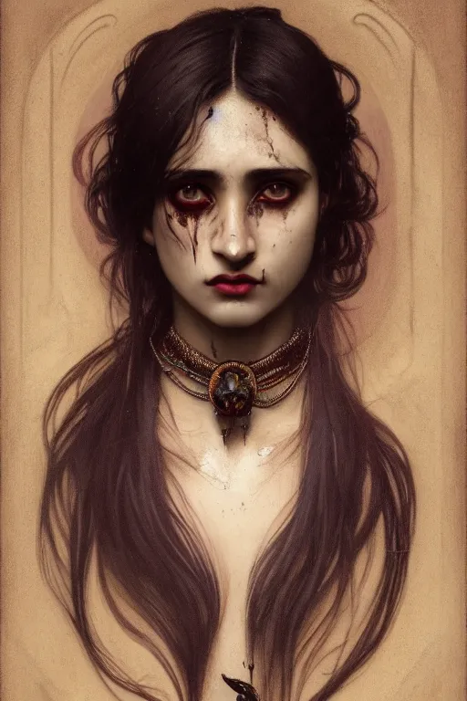 Image similar to 3 / 4 portrait, vampire, brown skin, night, long black hair, prussian blue shirt, beautiful, victorian salon as the background, bloodied mouth, jewelry, alphonse mucha, william bouguereau, rossdraws, greg rutkowski, super detailed, realistic, octane render, volumetric, cinematic, 8 k