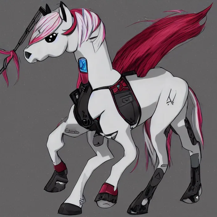 Image similar to Fallout Equestria Project Horizons | Blackjack Character Fanart | White MLP Unicorn Mare with red and black shaggy hair, and bright, robotic eyes. | Cutie Mark is: Ace and Queen of Spades | Trending on ArtStation, Digital Art, MLP Fanart, Fallout Fanart | Blackjack sitting and looking depressed at the viewer | Hyperrealistic CGI Photorealistic Cyborg Unicorn