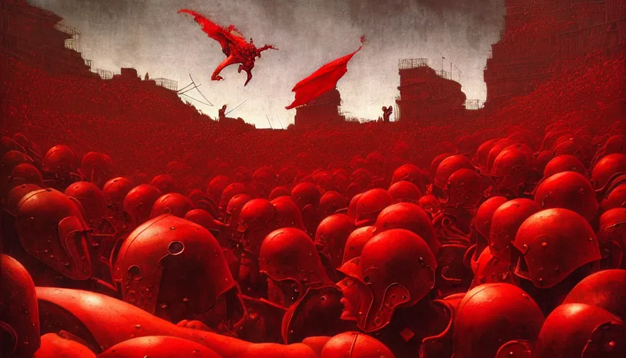 Image similar to only with red, a lightly armored gladiator in a crowded roman amphitheatre, crowd cheering, in the style of beksinski and edward hopper and rodcenko and yue minjun and artgerm, intricate and epic composition, red by caravaggio, highly detailed, masterpiece, red light, artstation