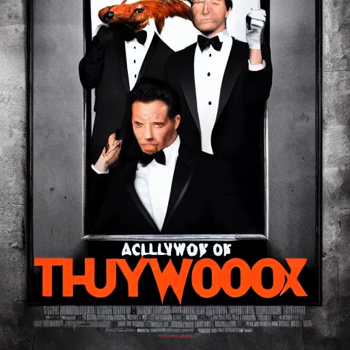 Image similar to hollywood quality poster for an action movie about foxes in tuxedos stealing fried chicken, promotional media