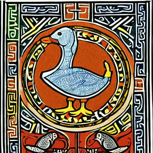 Prompt: book of kells, illustration of a duck