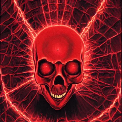 Prompt: red glowing skull, red webs, rafael moco