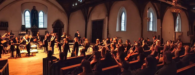 Prompt: a tango orchestra performance in a church, epic, cinematic composition, ultra detailed, 4 k, ultrawide, ( distant shot ), dramatic lighting