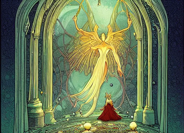 Prompt: a symmetrical!!! delicate mtg illustration by charles vess of a host of radiant tiny singed seraphim flying out from a huge glowing doorway of a massive vulva - shaped temple of smooth organic architecture, floating in the astral plane and constructed of house - sized crystals and with the bulb of the vestibule over the doorway made of iridescent pearl