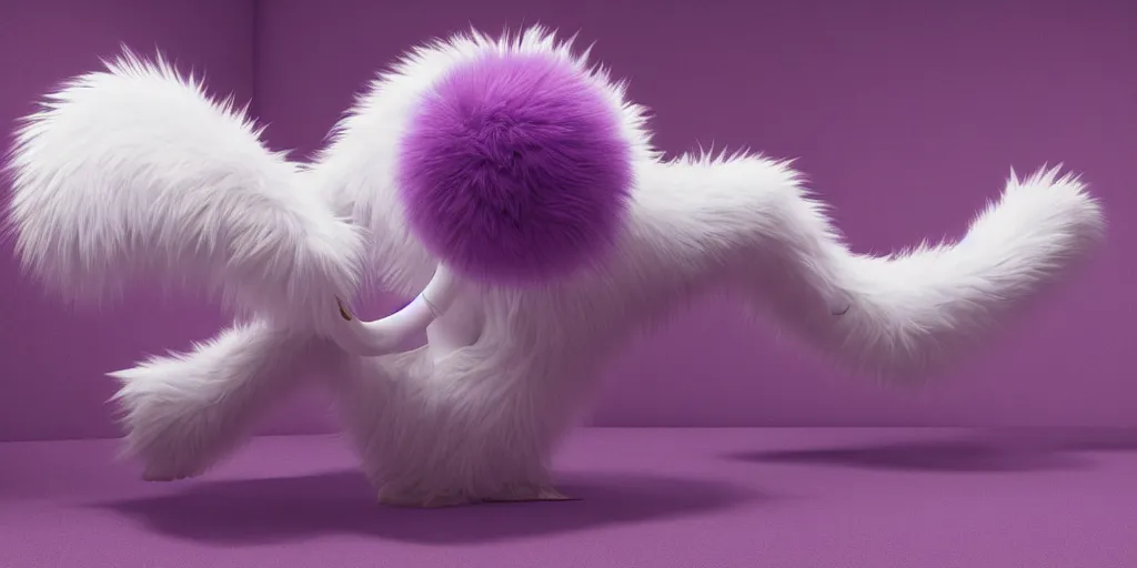 Image similar to a photo of white fur monster standing in a purple room, standing with balloon, horror, hyper realistic, detailed, trending on artstation