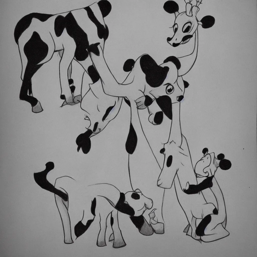 Prompt: drawing from 1 9 2 0's disney animation, white paper, black & white, panda giraffe