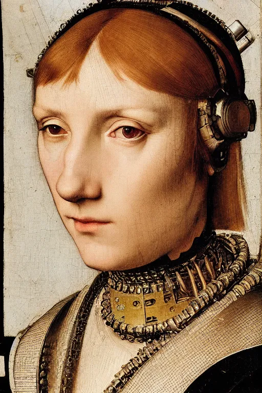 Image similar to a close - up portrait of a cyberpunk cyborg girl, by hans holbein the younger, rule of thirds