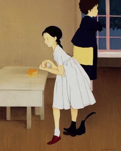 Prompt: little girl in school uniform, minimalist oil painting by studios ghibli and makoto shinkai, inspired by balthus and celeste, anatomically correct